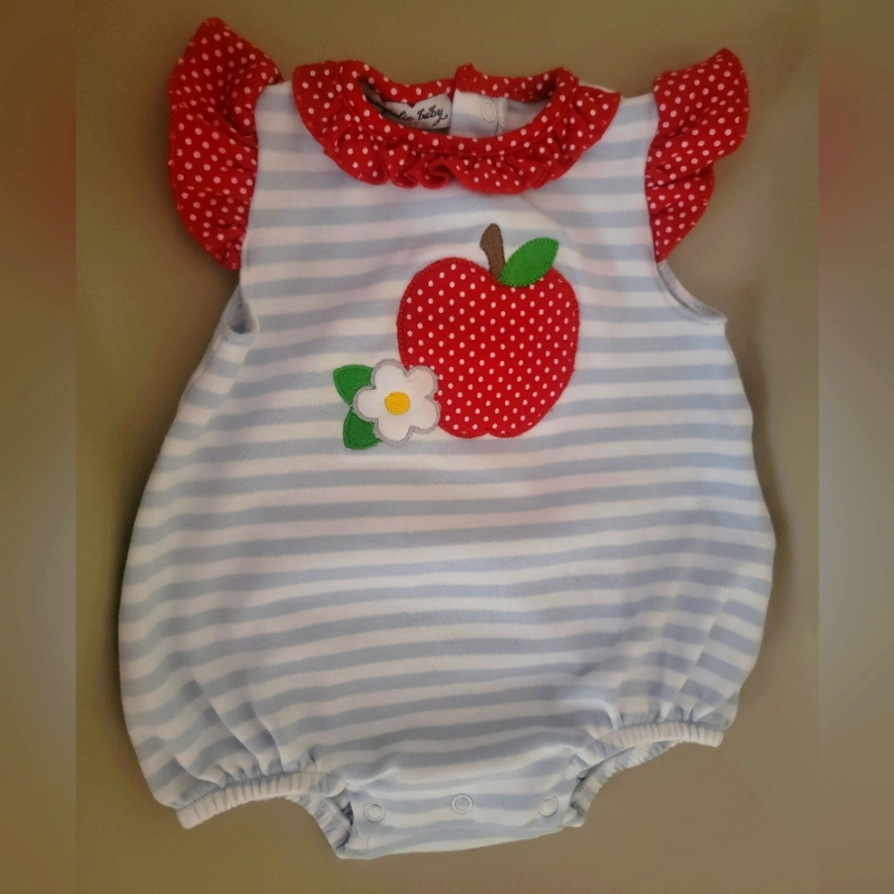 Magnolia baby apple, flutter sleeve, striped, polka dot romper. Newborn.